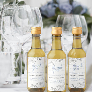 Lacy Silver & Blue on White Wedding Thank You Mini Wine Label