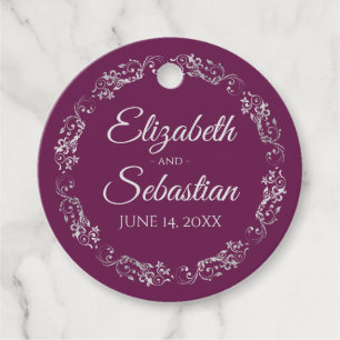 Lacy Silver Border Elegant Cassis Purple Wedding Favour Tags