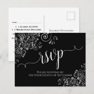 Lacy Silver Calligraphy Elegant Black Wedding RSVP Postcard