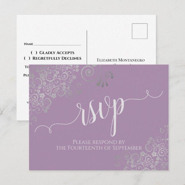 Lacy Silver Calligraphy Lavender Wedding RSVP Postcard (Front/Back)