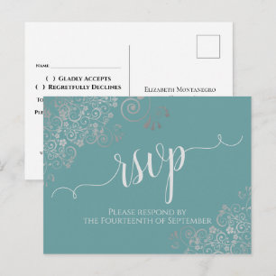 Lacy Silver Calligraphy Teal Wedding RSVP Postcard