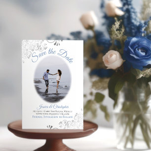 Lacy Silver Dusty Blue on White Oval Photo Wedding Save The Date