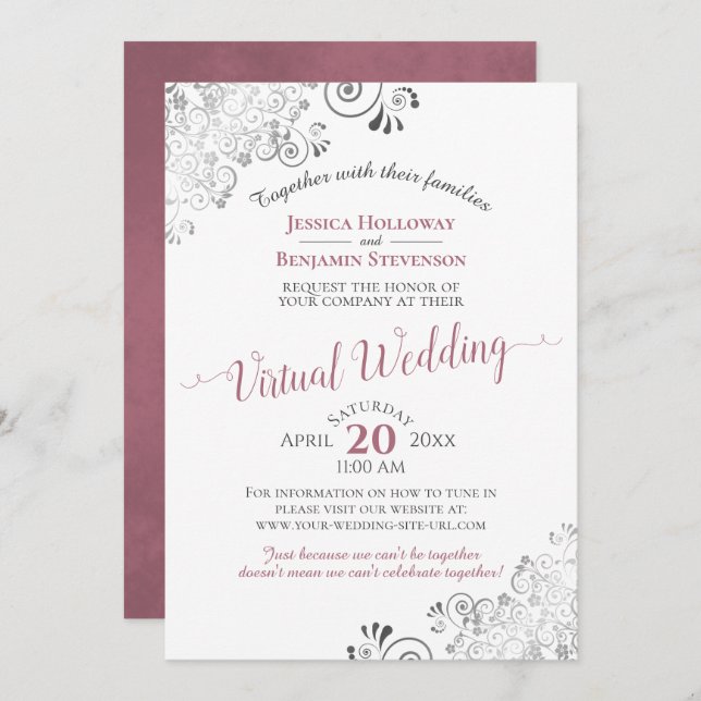 Lacy Silver Dusty Rose & White Virtual Wedding Invitation (Front/Back)