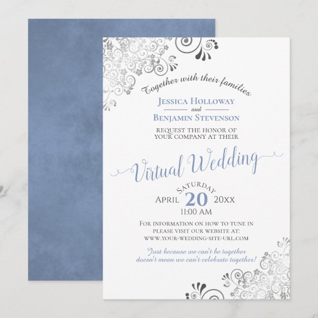 Lacy Silver Elegant Blue & White Virtual Wedding Invitation (Front/Back)