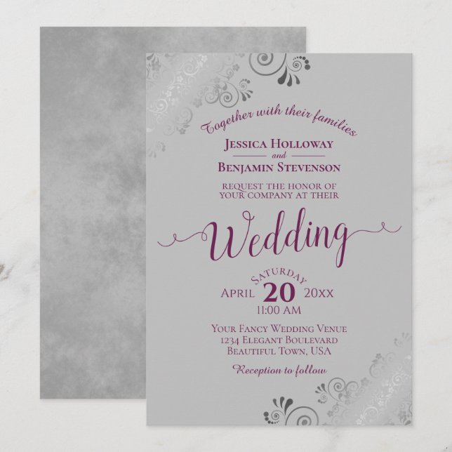 Lacy Silver Elegant Cassis Purple on Gray Wedding Invitation (Front/Back)