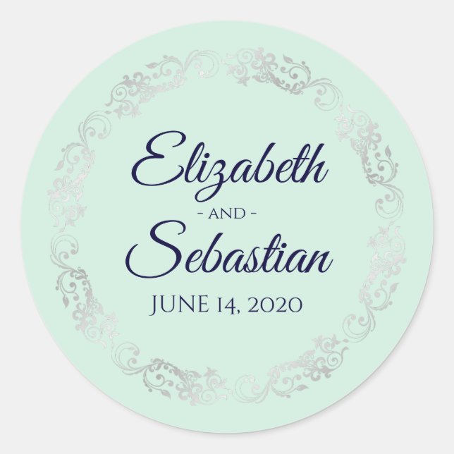 Lacy Silver Filigree Elegant Navy on Mint Wedding Classic Round Sticker (Front)
