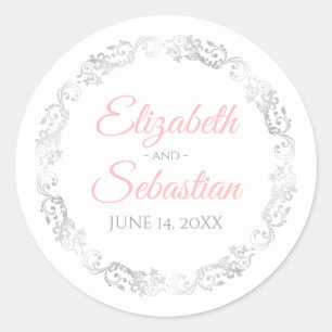 Lacy Silver Filigree Elegant Pink on White Wedding Classic Round Sticker