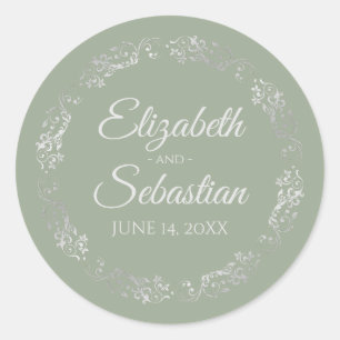 Lacy Silver Filigree Elegant Sage Green Wedding Classic Round Sticker