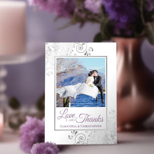 Lacy Silver Lavender & White Love & Thanks Wedding Thank You Card
