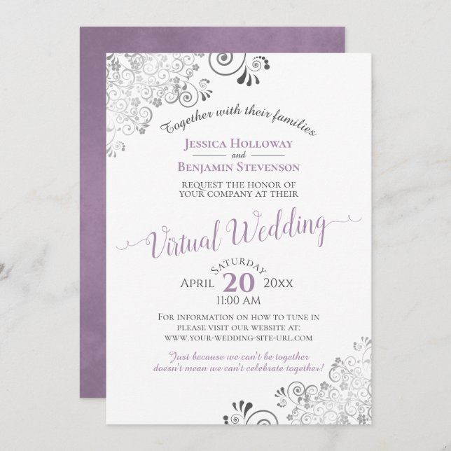 Lacy Silver Lavender & White Virtual Wedding Invitation (Front/Back)
