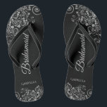 Lacy Silver on Black Elegant Bridesmaid Wedding Thongs<br><div class="desc">These elegant wedding flip flops are a great way to thank and recognise your bridesmaids, while giving their feet a rest after a long day. The beautiful design features an elegant design with ornate silver grey frills on a black background and fancy grey script lettering. The text reads Bridesmaid with...</div>