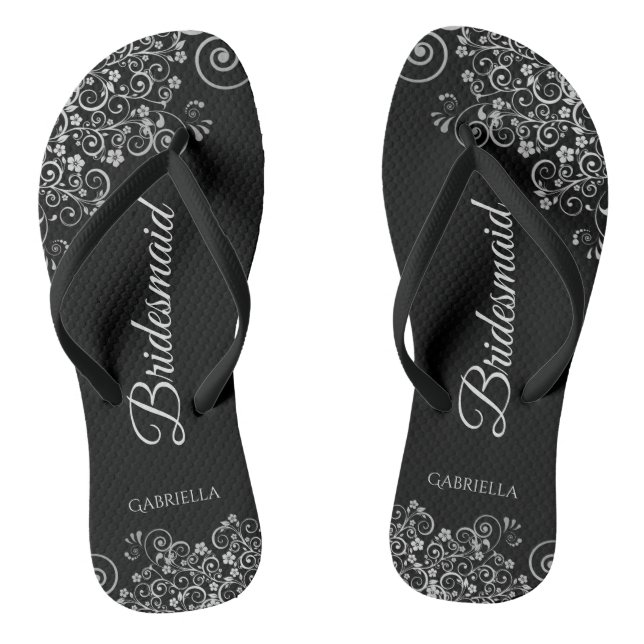 Lacy Silver on Black Elegant Bridesmaid Wedding Thongs (Footbed)