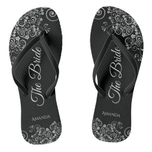 Lacy Silver on Black Elegant The Bride Wedding Thongs