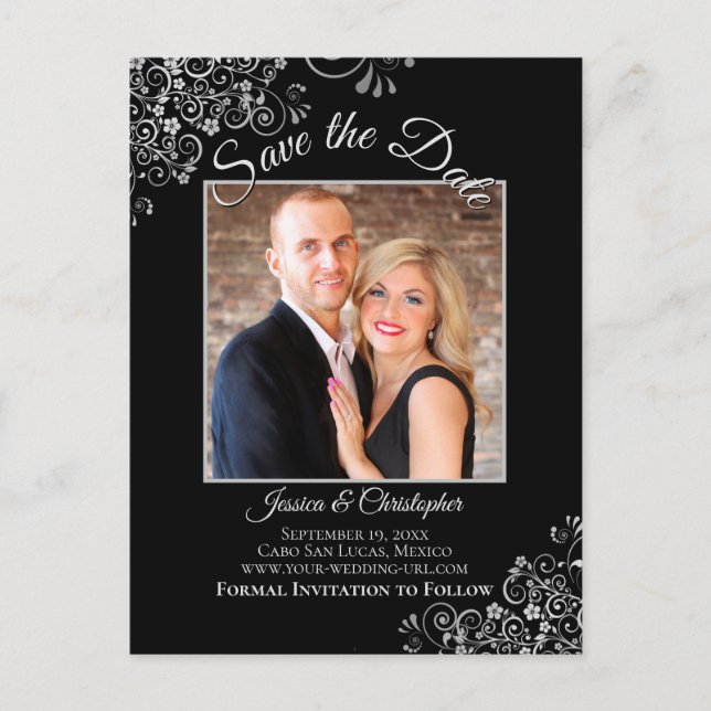 Lacy Silver on Black Wedding Save the Date Photo Announcement Postcard (Front)
