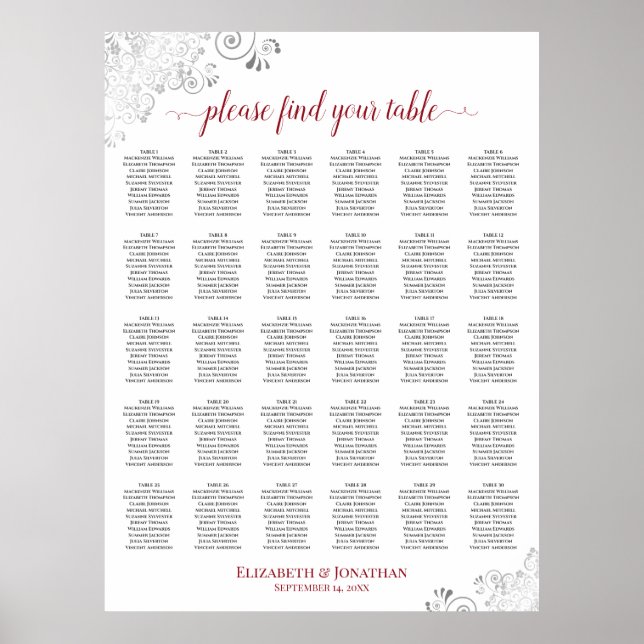 Lacy Silver & Red 30 Table Wedding Seating Chart (Front)