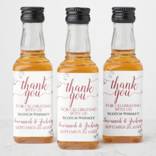 Lacy Silver & Red on White Wedding Thank You Mini Liquor Bottle Label