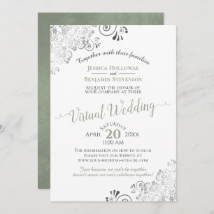Lacy Silver Sage Green & White Virtual Wedding Invitation