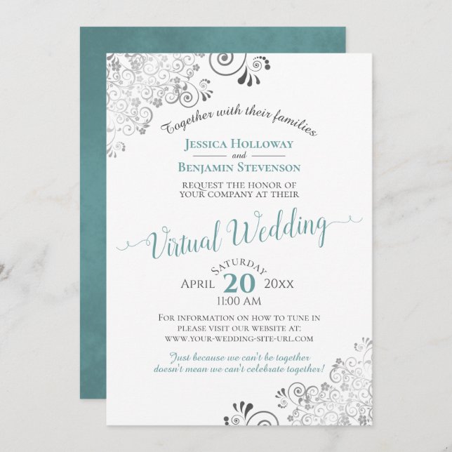 Lacy Silver Teal, Grey & White Virtual Wedding Invitation (Front/Back)