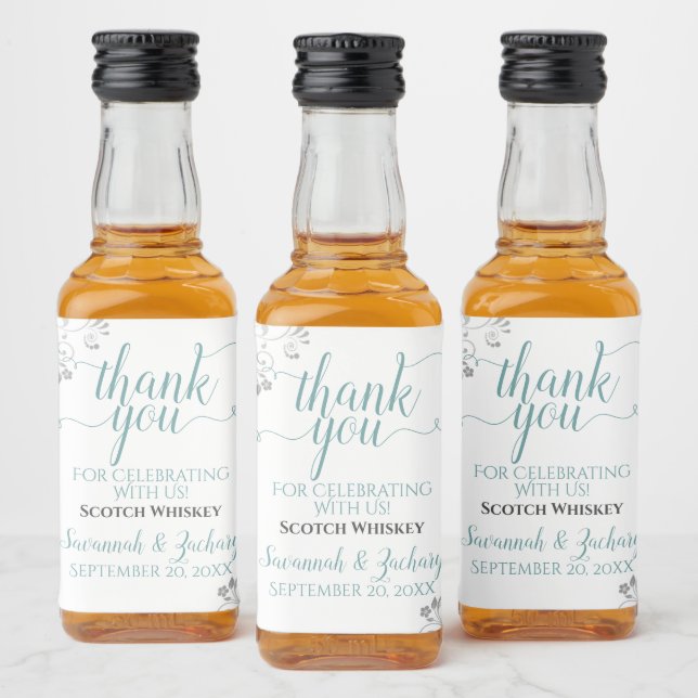 Lacy Silver & Teal on White Wedding Thank You Mini Liquor Bottle Label (Bottles)