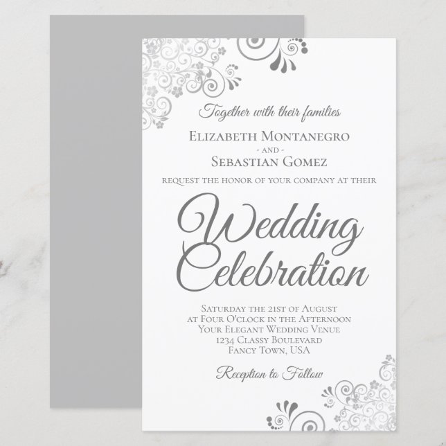 Lacy Silver & White BUDGET Wedding Invite Large (Front/Back)