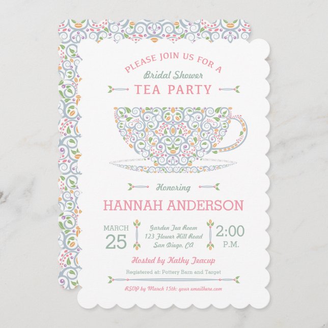 Lacy Teacup Bridal Shower Tea Party Invitation II (Front/Back)