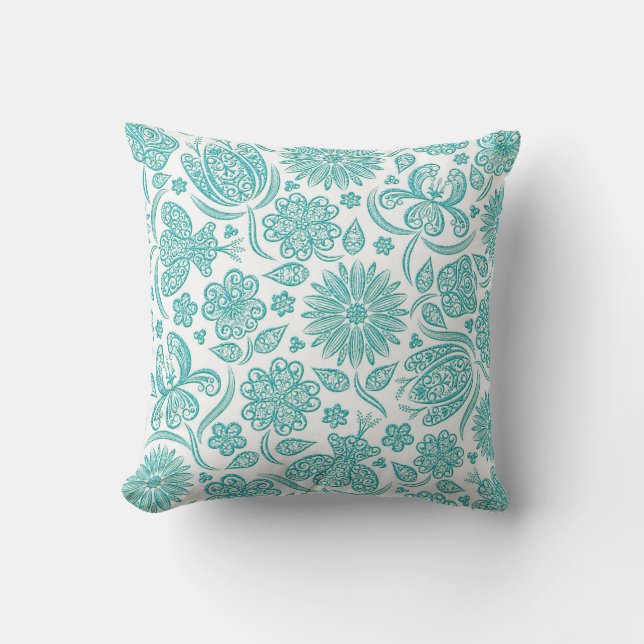 Lacy Teal Aqua Floral Pattern Pillow (Front)