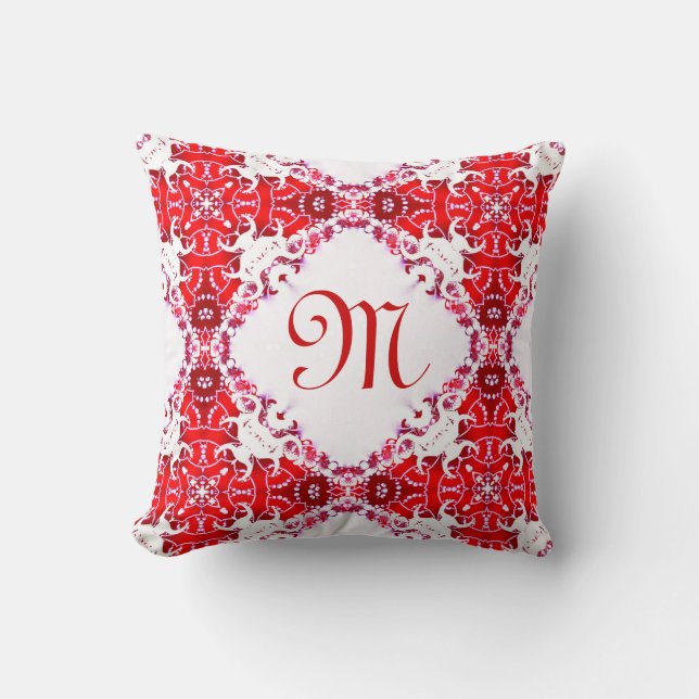 Lacy Tribal Batik Monogram Red White Cushion (Front)