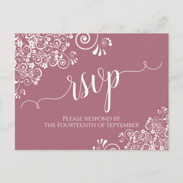 Lacy White Calligraphy on Dusty Rose Wedding RSVP Postcard (Front)