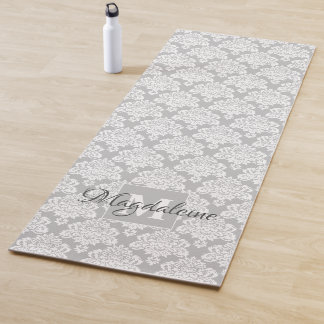 Lacy White Damask on Grey Monogram & Name Yoga Mat