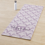 Lacy White Damask on Lavender Monogrammed Yoga Mat<br><div class="desc">This yoga mat is elegant and feminine. It features a pretty design with a lacy white damask pattern over a light purple or lavender background. There is a monogrammed initial as well as a name. Beautiful personalised mat for the gym,  yoga class,  or just working out at home. Namaste!</div>