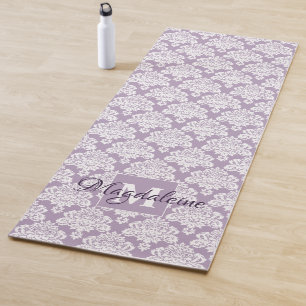 Lacy White Damask on Lavender Monogrammed Yoga Mat