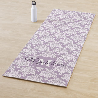 Lacy White Damask on Lavender Monogrammed Yoga Mat