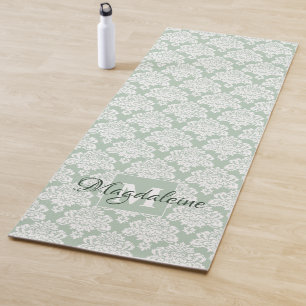 Lacy White Damask on Sage Green Monogram & Name Yoga Mat