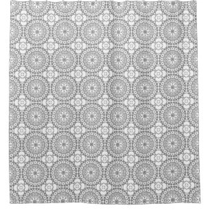 Lacy white squares on a light grey background shower curtain