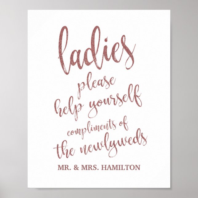 Ladies Bathroom Basket Rose Gold Glitter 8x10 Sign (Front)