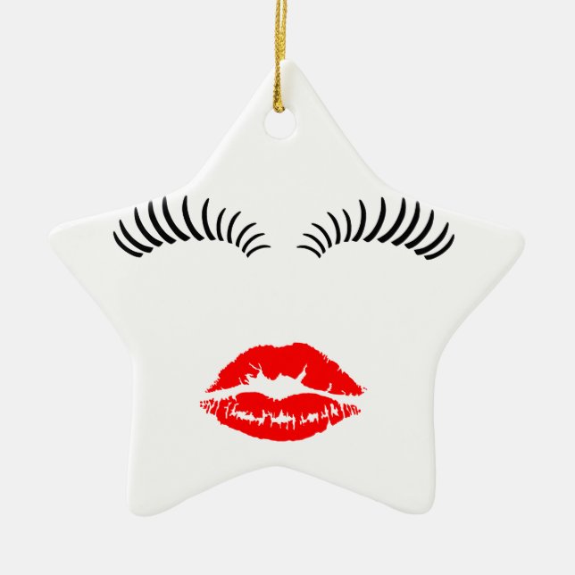 Ladies Eye Lashes and LipStick Kiss Ceramic Ornament (Front)