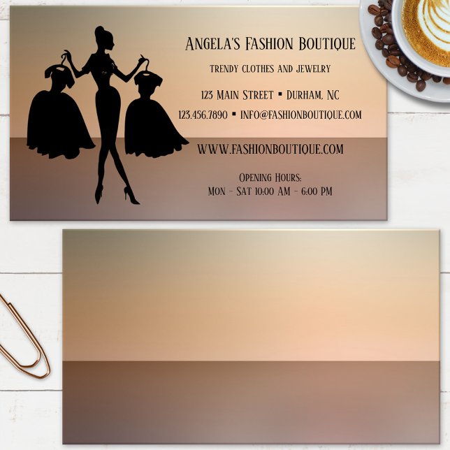 Ladies Fashion Retail Store Business Card (Business card showing a silhouette of a lady with two dresses in her hands on a gradient background)