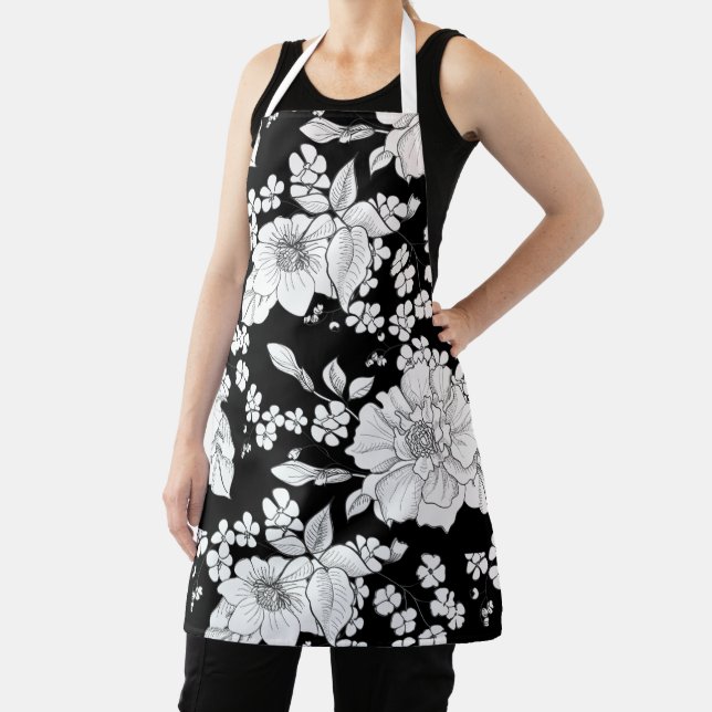 Ladies Floral Pattern In Black And White Apron (Insitu)