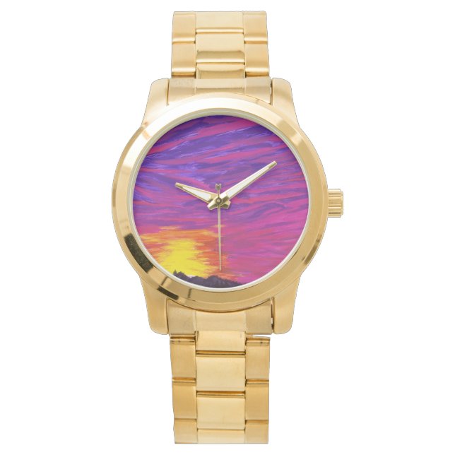 Ladies gold watch with sunrise image (Front)