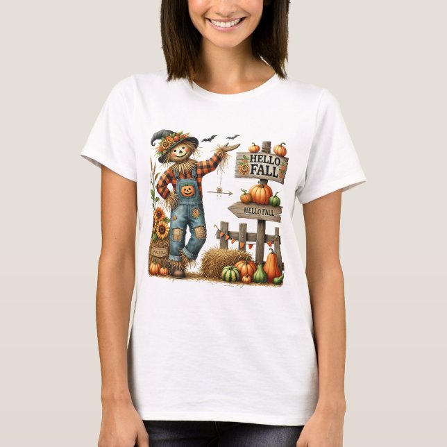 Ladies "Hello Fall" Scarecrow Autumn T-Shirt (Front)