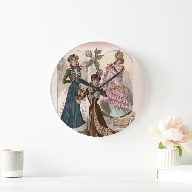 Ladies In Gowns Vintage Fashion Illustration   Large Clock (Home)