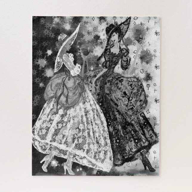 Ladies In Lace Dresses Puzzle Black White Painting (Vertical)