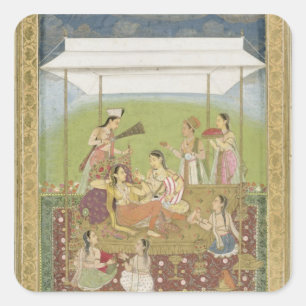 Ladies listening to music in a garden, from the Sm Square Sticker