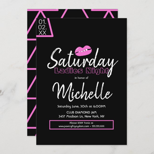 Ladies Night Birthday Party Pink Black Lips Invitation (Front/Back)