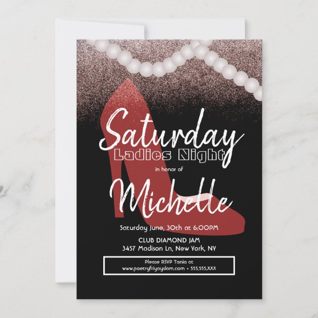 Ladies Night Birthday Party Red Heels Pearls Invitation (Front)