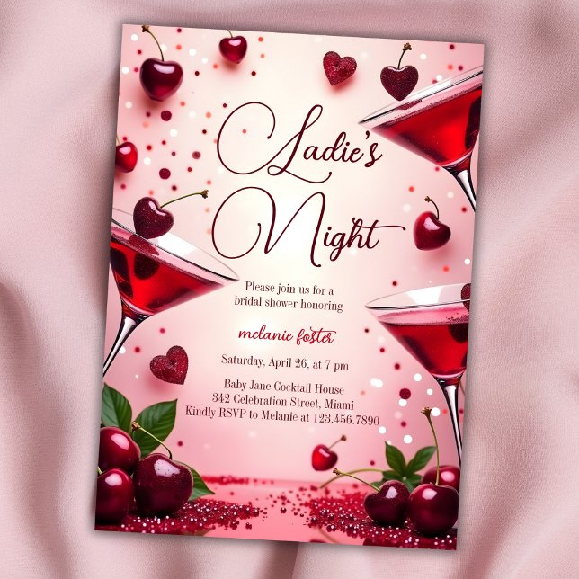 Ladies Night Cherry Cocktail Bridal Shower Invitation (Elegant Ladies' Night Bridal Shower Invitation with Cherry Cocktail Theme)