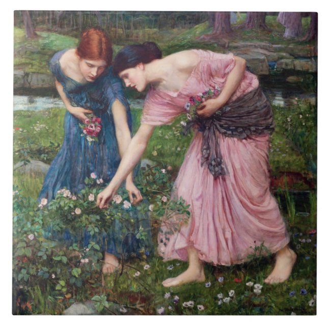 Ladies Picking Roses, John William Waterhouse Ceramic Tile (Front)