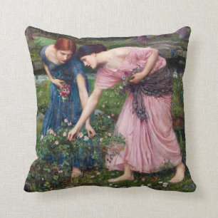 Ladies Picking Roses, John William Waterhouse Cushion