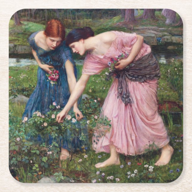 Ladies Picking Roses, John William Waterhouse Square Paper Coaster (Front)