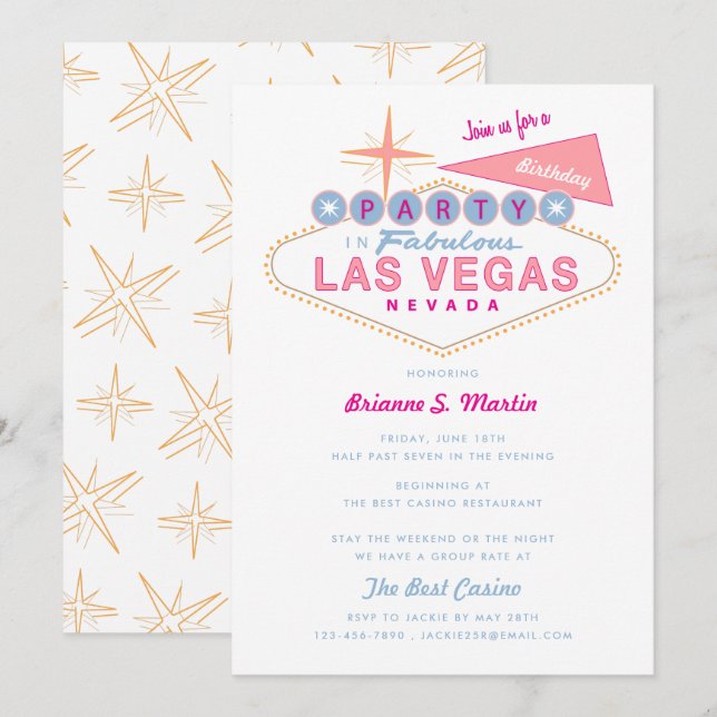 Ladie's Pink Retro Las Vegas Sign Birthday Party Invitation (Front/Back)